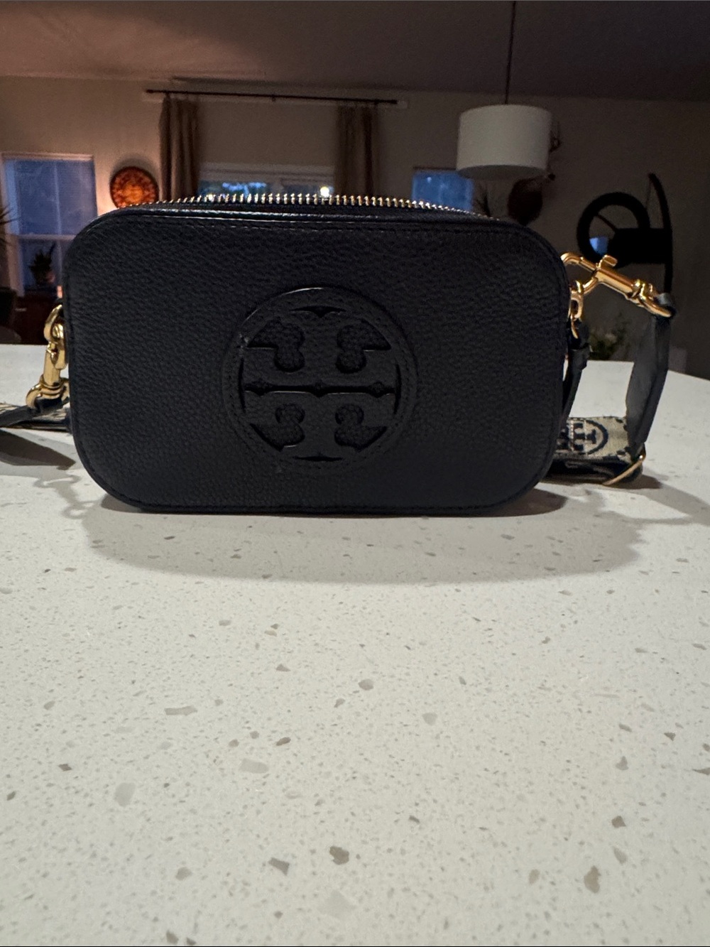 Tory Burch Black Pebbled Leather Camera Bag with Gold Hardware